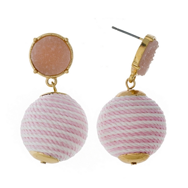 Wholesale gold stud earrings light pink faux druzy stone white striped thread wr