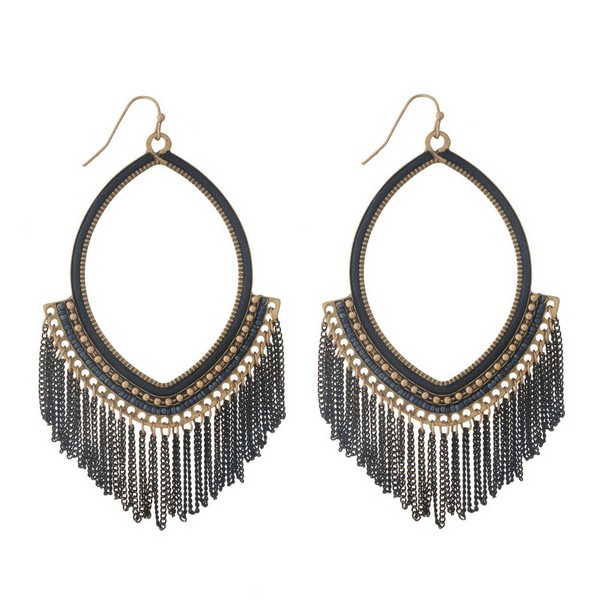 Wholesale burnished gold fishhook earrings open oval black chain fringe