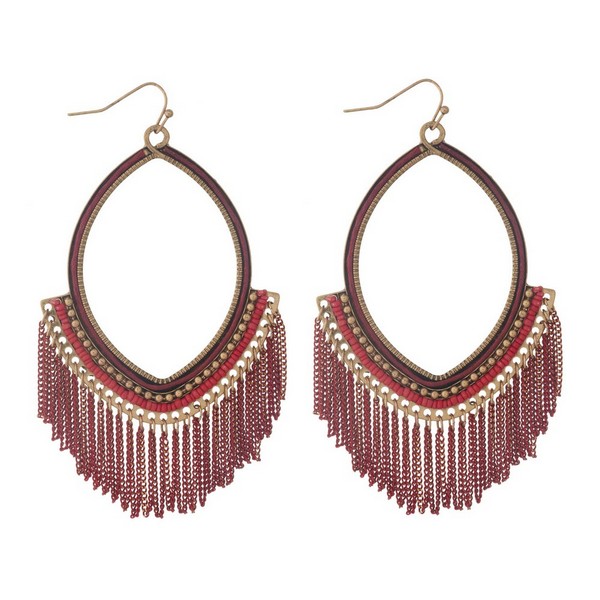 Wholesale burnished gold fishhook earrings open oval red chain fringe