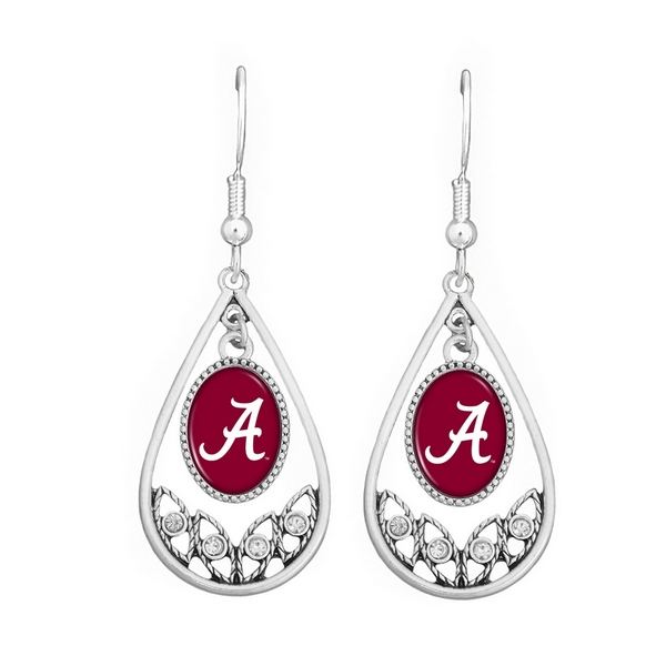 Wholesale polished Silver Tear Drop Earrings CZs University Alabama Logo Texture