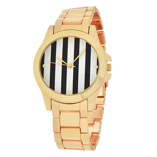 Wholesale gold metal band boyfriend watch gold rimmed black white stripe print