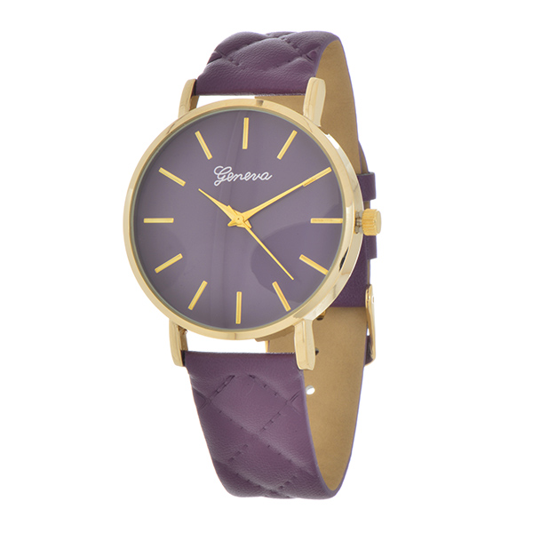 Wholesale purple faux leather quilted band purple watch gold trim