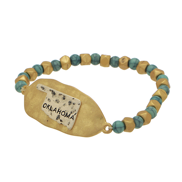 Wholesale gold turquoise bead stretch bracelet gold hammered metal silver stampe