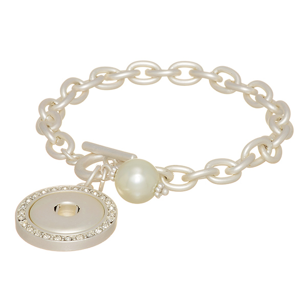 Wholesale matte silver toggle bracelet faux ivory pearl rhinestone disk snap sna