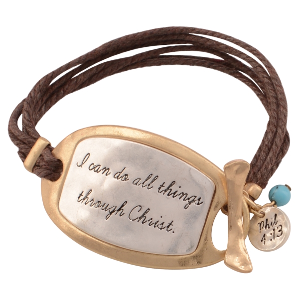 Wholesale brown chord toggle bracelet two plate stamped I can do all things thro