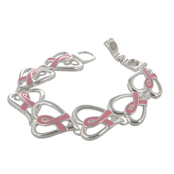 Wholesale silver magnetic snap bracelet hearts pink breast cancer awareness ribb