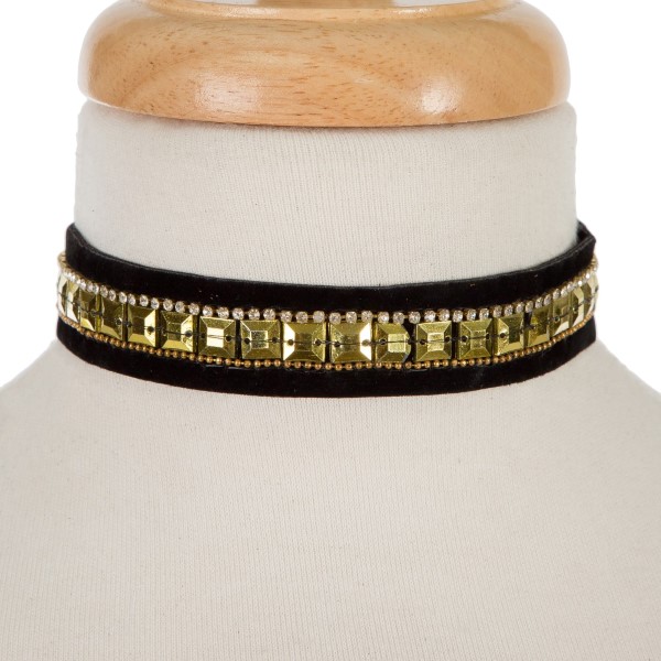 Wholesale black fabric choker gold squares rhinestone accents Can also be worn w
