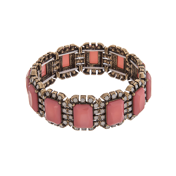 Wholesale burnished gold stretch bracelet displaying pink cabochons white opal r