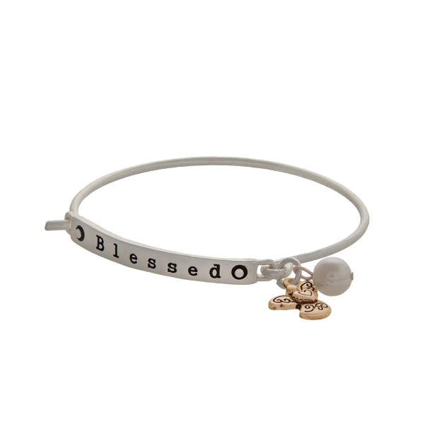 Wholesale matte silver latch bangle bracelet displaying bar stamped Blessed ange