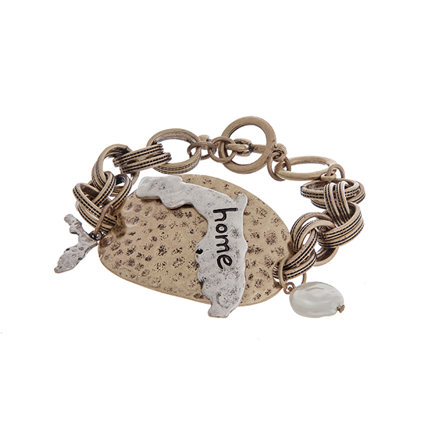 Wholesale burnished gold toggle bracelet displaying hammered plate burnished sil
