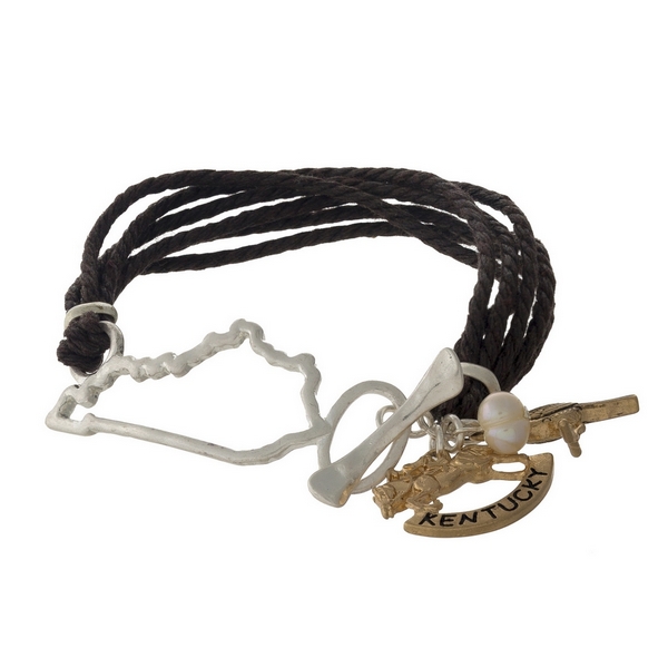 Wholesale brown braided cord bracelet silver Kentucky gold charms toggle closure