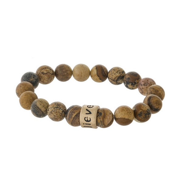 Wholesale picture jasper natural stone beaded stretch bracelet gold bead stamped