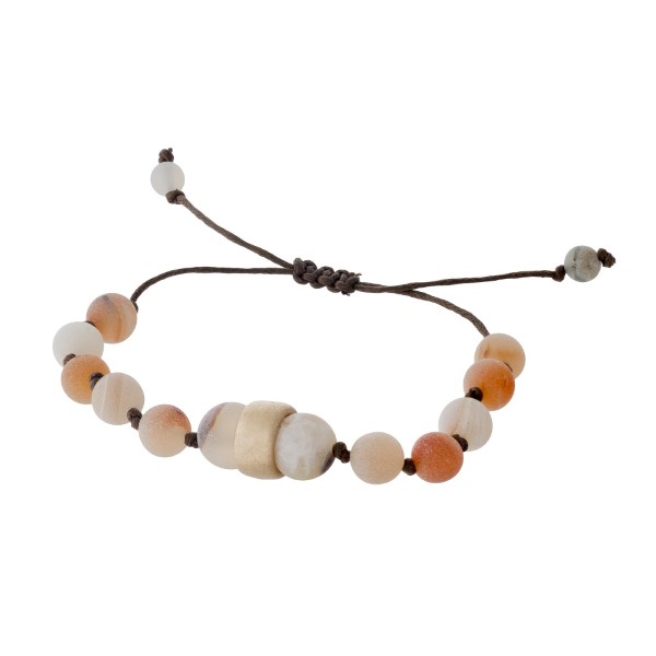 Wholesale brown cord bracelet peach natural stone beads gold bead accents pull t