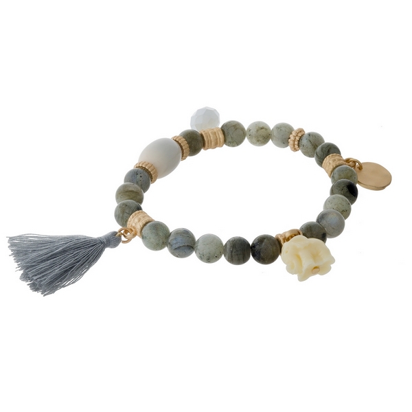 Wholesale labradorite natural stone beaded stretch bracelet gray tassel gold acc