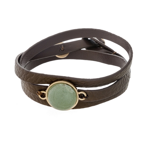 Wholesale brown genuine leather wrap bracelet displaying mint green natural ston