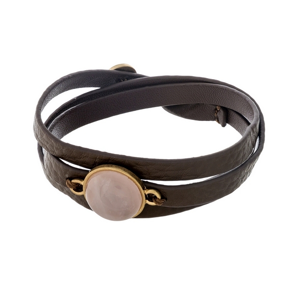 Wholesale brown genuine leather wrap bracelet displaying rose quartz natural sto