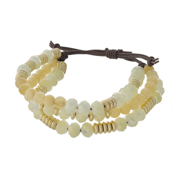 Wholesale three row beaded pull tie bracelet yellow pale yellow beads gold accen