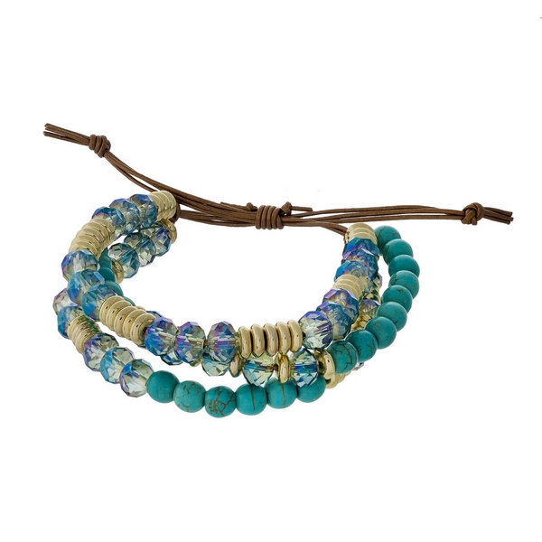 Wholesale three row beaded pull tie bracelet turquoise blue iridescent beads gol