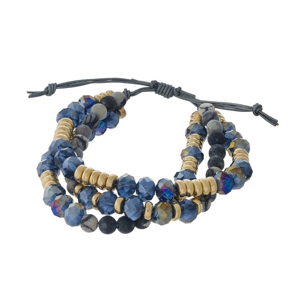 Wholesale three row beaded pull tie bracelet gray jasper navy blue beads gold ac