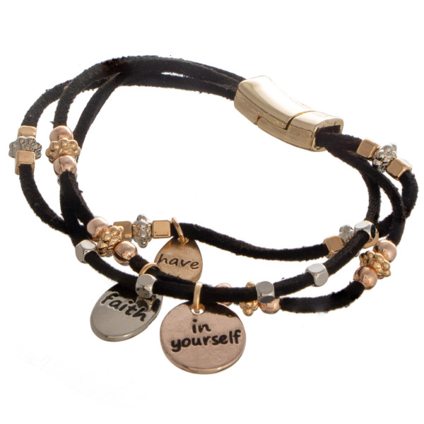 Wholesale faux leather bracelet beaded detail charms read Have Faith Yourself
