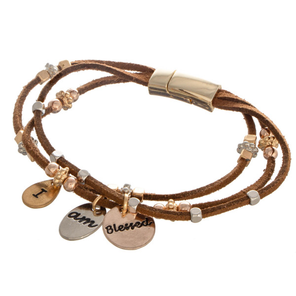 Wholesale faux leather bracelet beaded detail charms read I Am Blessed
