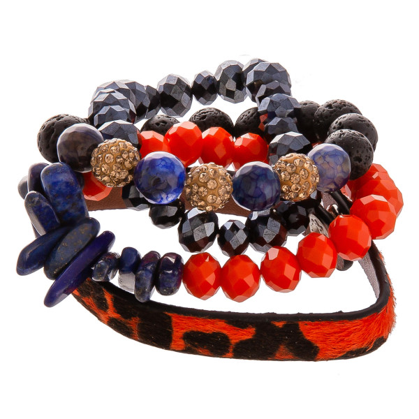 Wholesale gorgeous natural stone bead bracelet leather animal print snap bracele