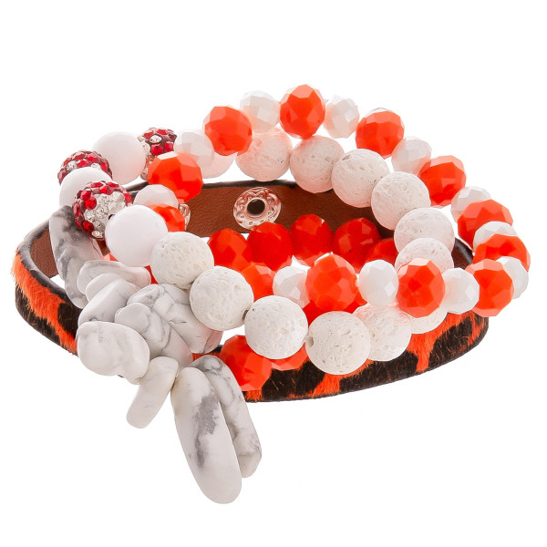 Wholesale gorgeous natural stone bead bracelet leather animal print snap bracele