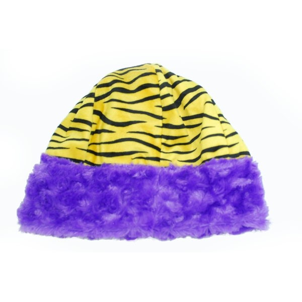 Wholesale adult yellow black tiger stripe beanie hat purple faux fur trim Revers