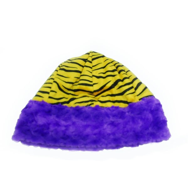 Wholesale youth yellow black tiger stripe beanie hat purple faux fur trim Revers