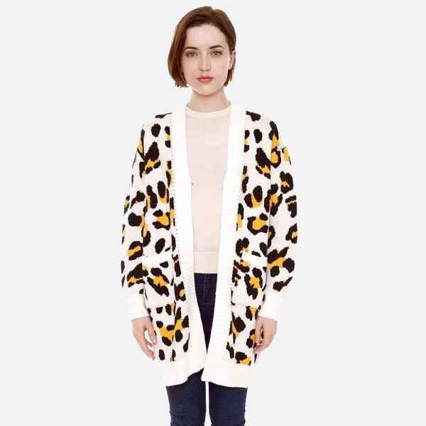 Wholesale leopard print knit cardigan front pocket details One fits most Polamid