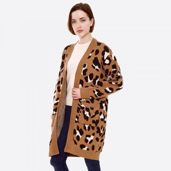 Wholesale leopard print knit cardigan front pocket details One fits most Polamid