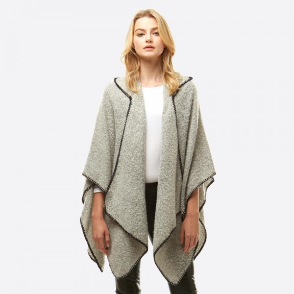 Wholesale soft touch hooded boucle ruana wrap whip stitch trim One fits most Pol