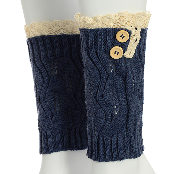 Wholesale dark Blue crochet boot toppers wooden buttons side ivory lace rimmed
