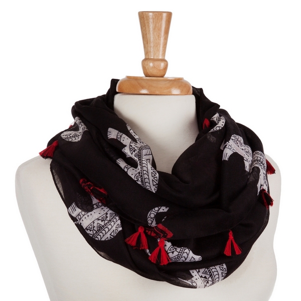 Wholesale lightweight black infinity scarf displaying white ethnic elephants red
