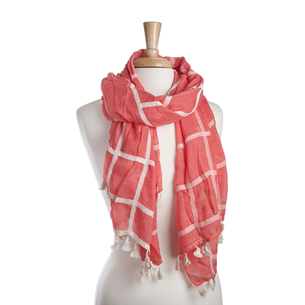 Wholesale lightweight coral ivory plaid oblong scarf mini tassels Cotton Viscose