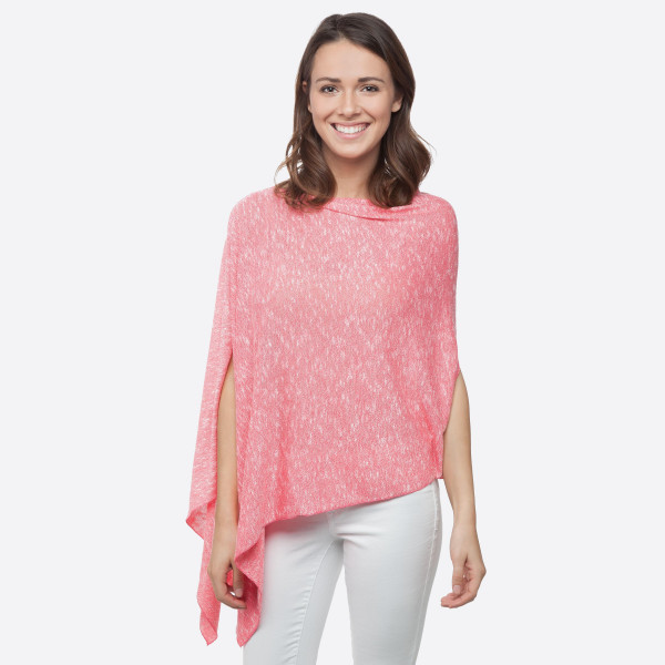 Wholesale coral lightweight sweater knit poncho asymmetrical hem Polyester Rayon