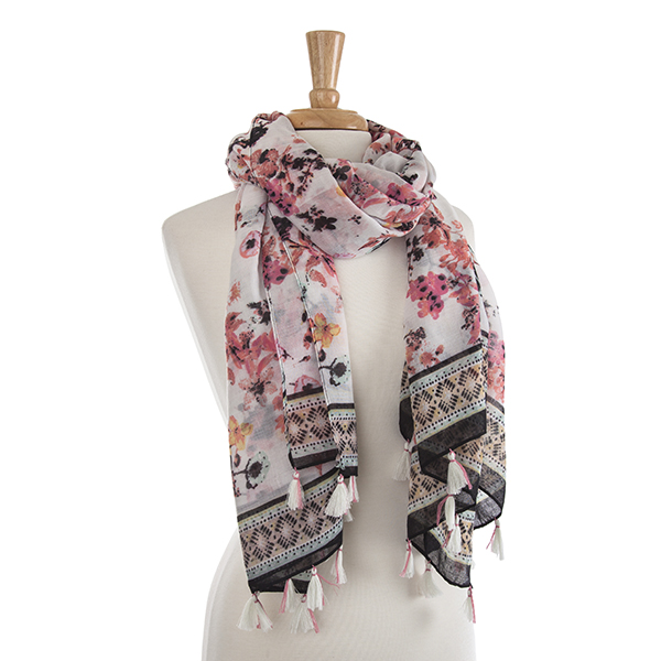 Wholesale lightweight pink black flower print oblong scarf Viscose polyester