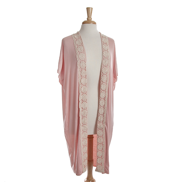 Wholesale pale pink short sleeve long cardigan ivory crochet detailing down fron