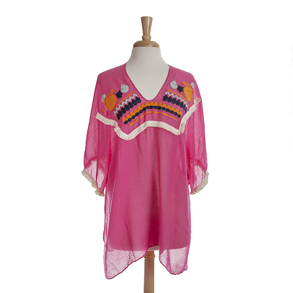 Wholesale hot pink poncho top ivory fringe multi colored crochet details One fit