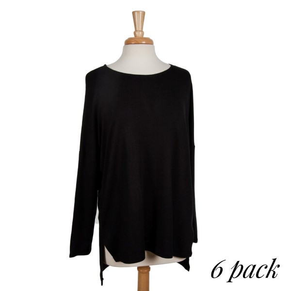 Wholesale black long sleeve top scoop neckline slight low hem loose flowy fit ba