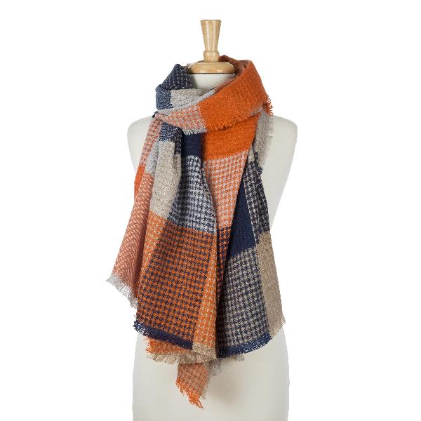 Wholesale orange navy blue beige patchwork print scarf frayed edges acrylic