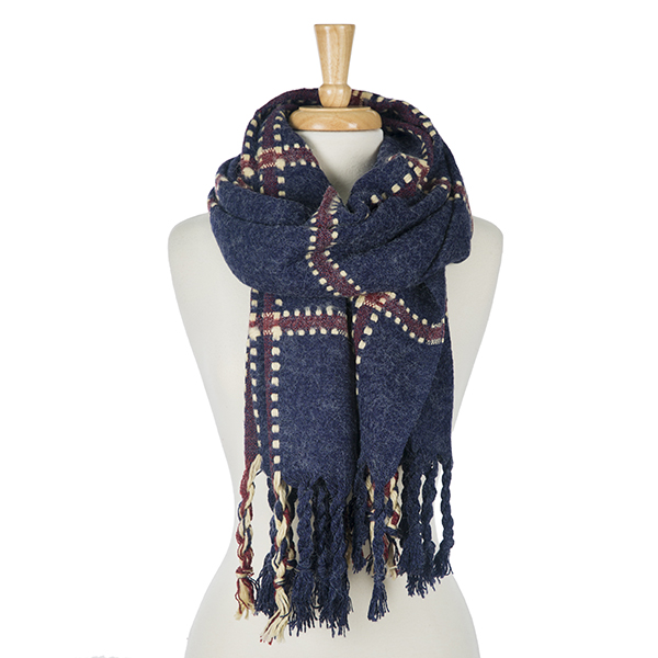 Wholesale heavyweight navy blue scarf plaid print tassels edges acrylic