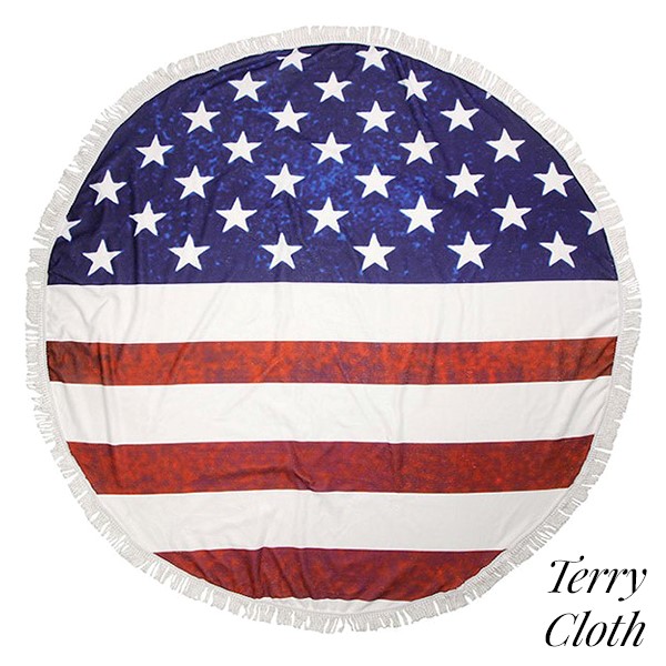 Wholesale american flag printed terry cloth roundie beach towel frayed edges pol