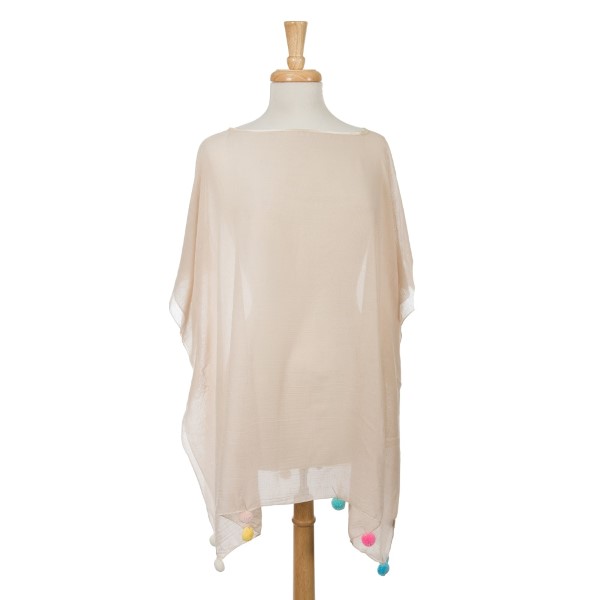 Wholesale beige short sleeve poncho multicolored pom poms bottom hem cotton poly