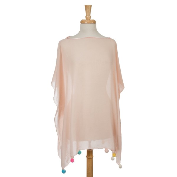 Wholesale blush pink short sleeve poncho multicolored pom poms bottom hem cotton