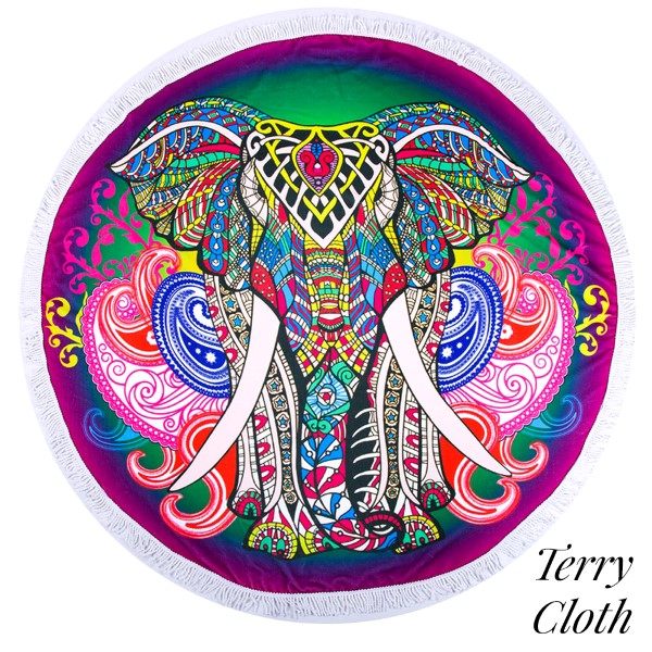 Wholesale elephant printed terry cloth roundie beach towel frayed edges cotton d