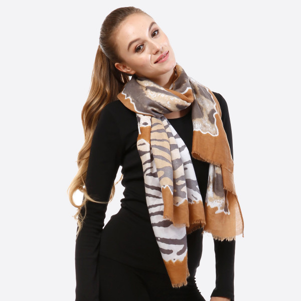 Wholesale mustard yellow gray open scarf animal prints frayed edges viscose