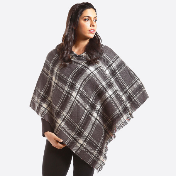 Wholesale gray ivory plaid poncho houndstooth pattern inside acrylic One fits mo