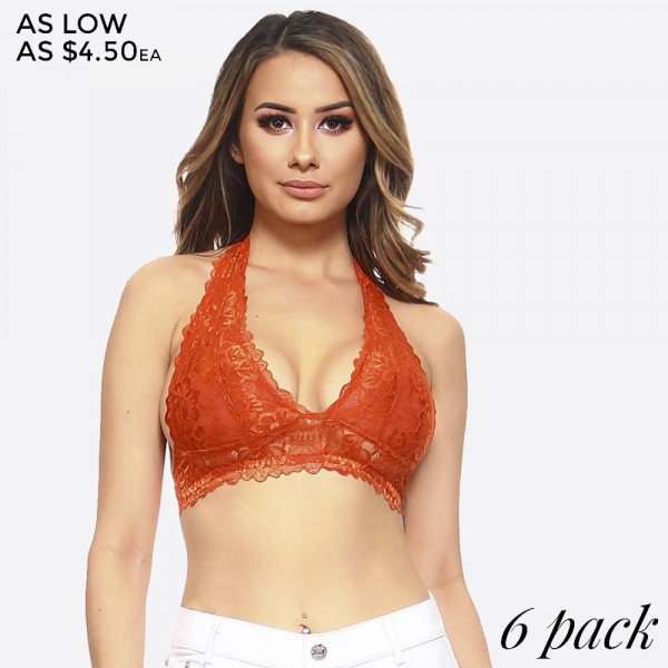 Wholesale halter bralette v neckline mesh lining triple hook eye closure scallop
