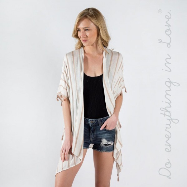 Wholesale lightweight white kimono stripe pattern tassel accents viscose One fit